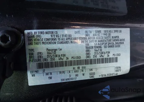 2016 Ford Focus Se z USA, uszkodzony, nr VIN 1FADP3F26GL382895